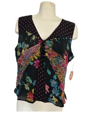 Spenser Jeremy 100% Silk Black Floral & Pink Polka Dot V-Neck Camisole